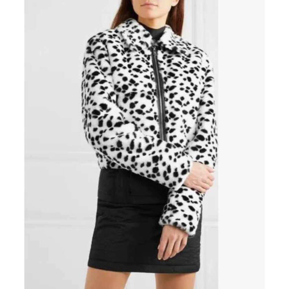 THE MIGHTY COMPANY Hamilton Leather Trimmed Animal Print Faux Fur Jacket In Whit